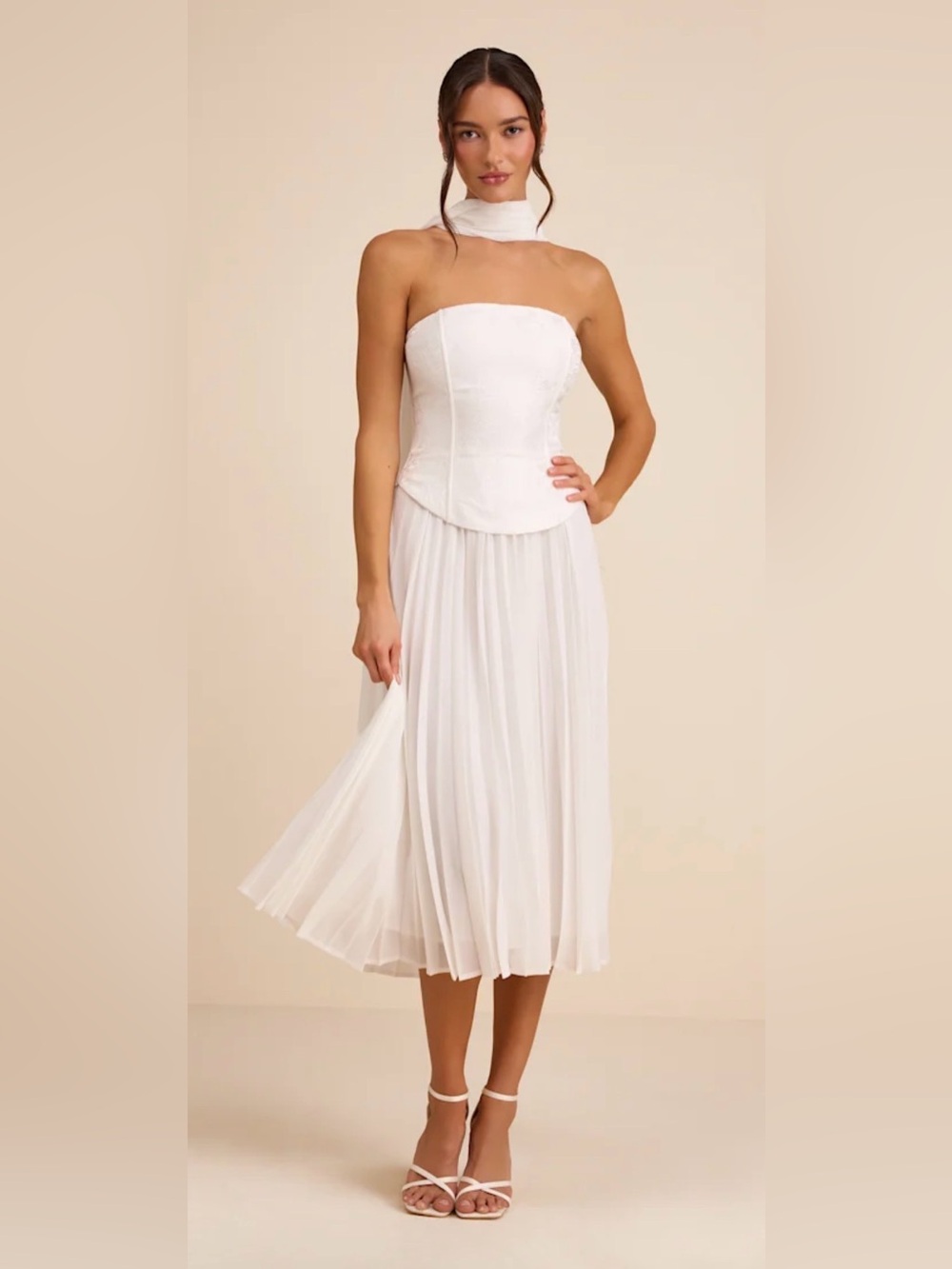 Lulus Laubrey White Floral Jacquard Midi Dress and Scarf Set NWT S